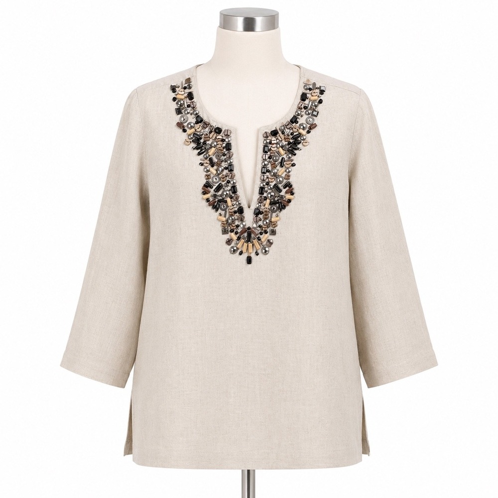 Michael Kors Linen Tunic L Embellished Beaded Resort Coastal Grandmother Boho